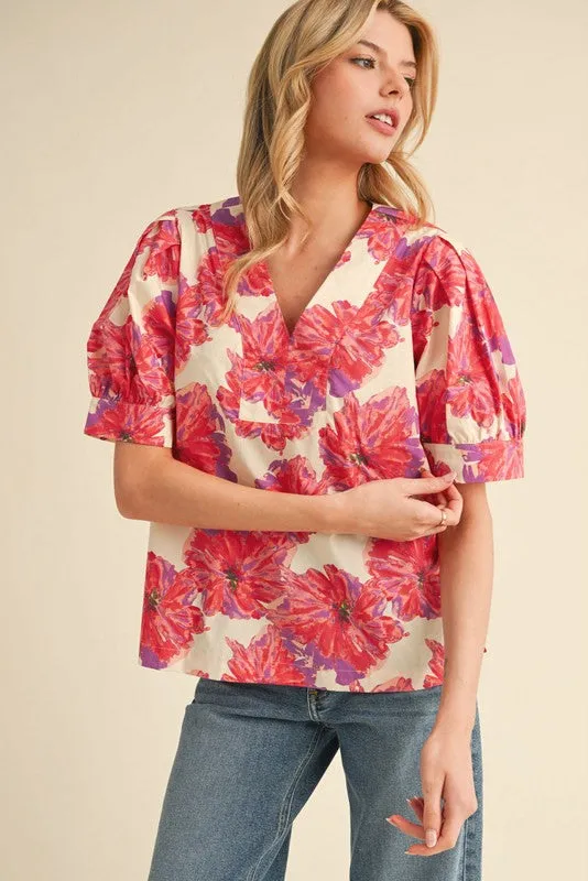 Eden Floral Puff Sleeve Top, Red Mix sold by North & Main Clothing Company product image thumbnail 2