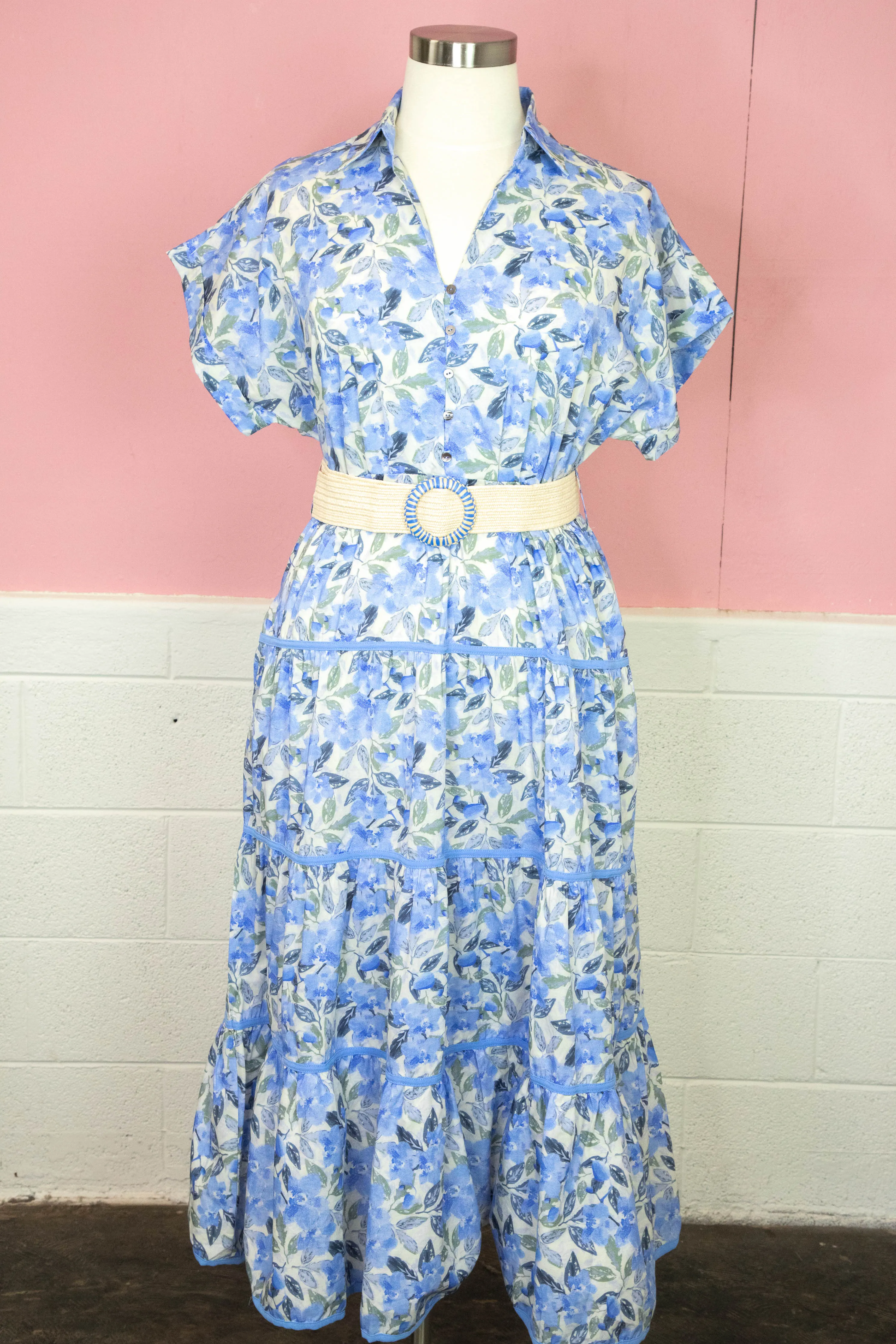Margot Floral Tiered Belted Dress, Blue | Plus Size sold by North & Main Clothing Company