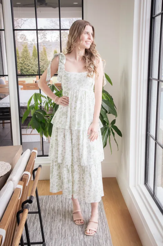 Flora Tie Strap Ruffled Midi Dress, Sage Multi sold by North & Main Clothing Company