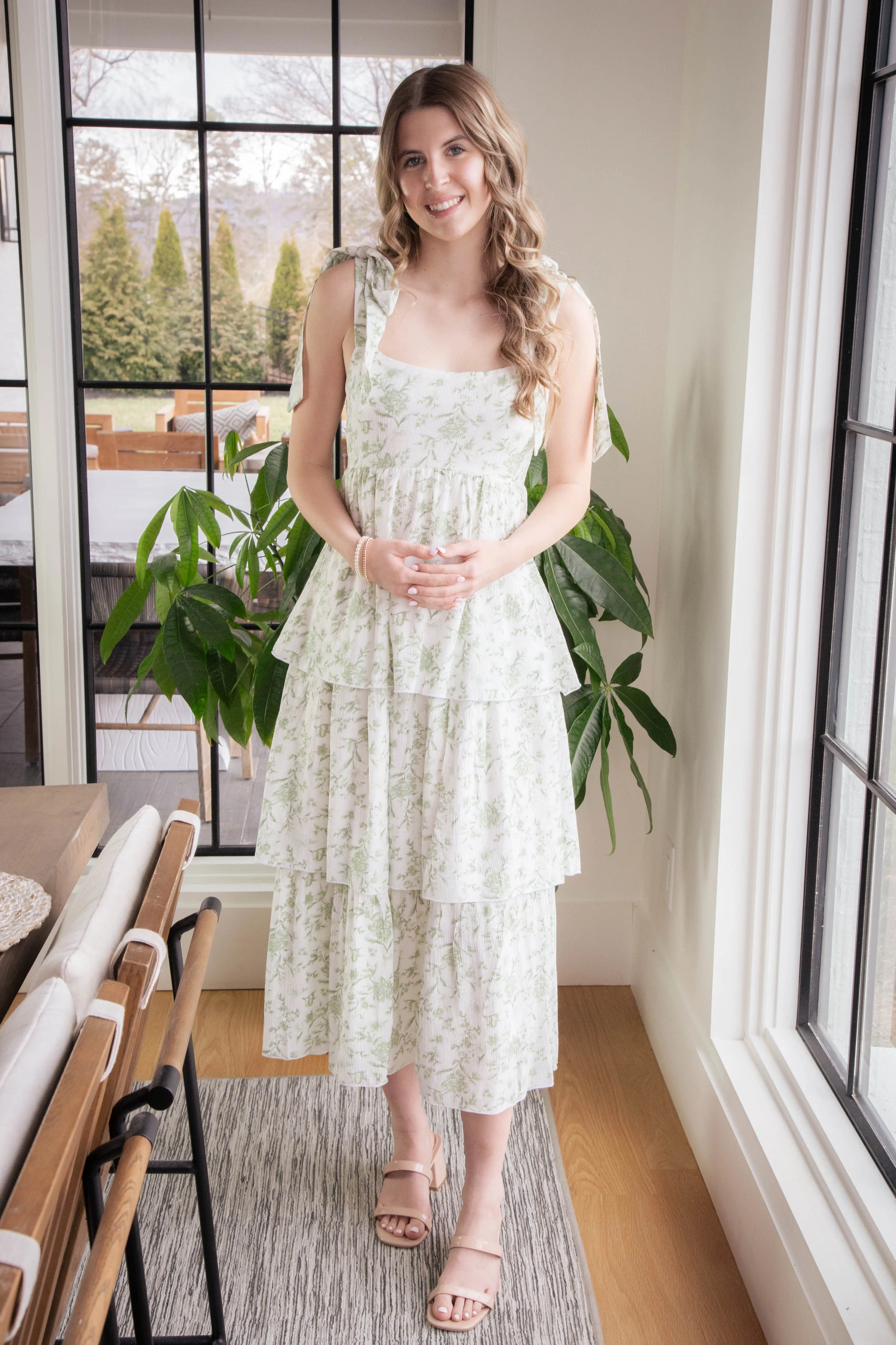 Flora Tie Strap Ruffled Midi Dress, Sage Multi sold by North & Main Clothing Company product image thumbnail 5