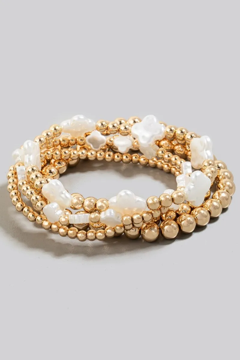 Pearl Clover & Metallic Beaded Bracelet Set, Gold/Cream sold by North & Main Clothing Company