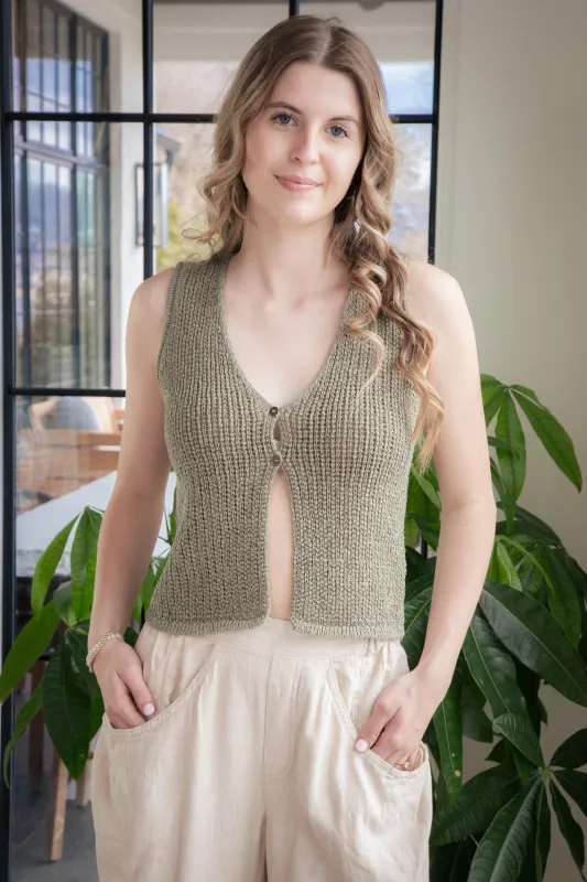 Willow Crocheted Button Front Vest, Olive sold by North & Main Clothing Company