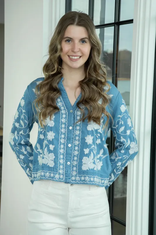 Julia Embroidered Button Down Top, Denim sold by North & Main Clothing Company