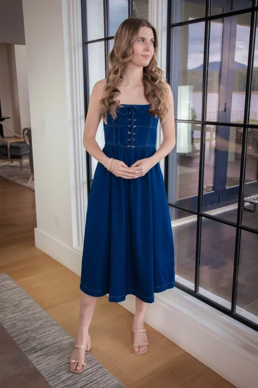 Eliana Lace Up Midi Dress, Denim sold by North & Main Clothing Company
