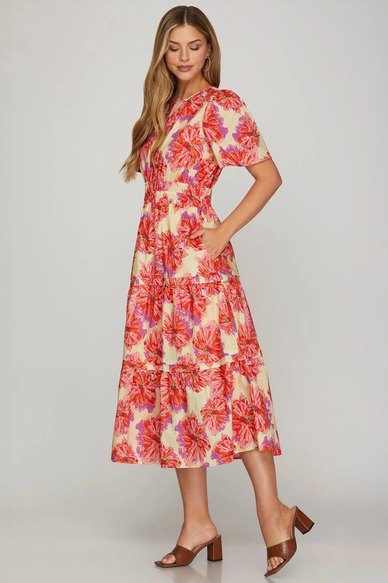 Brianna Elastic Waist Floral Dress, Red sold by North & Main Clothing Company product image thumbnail 3