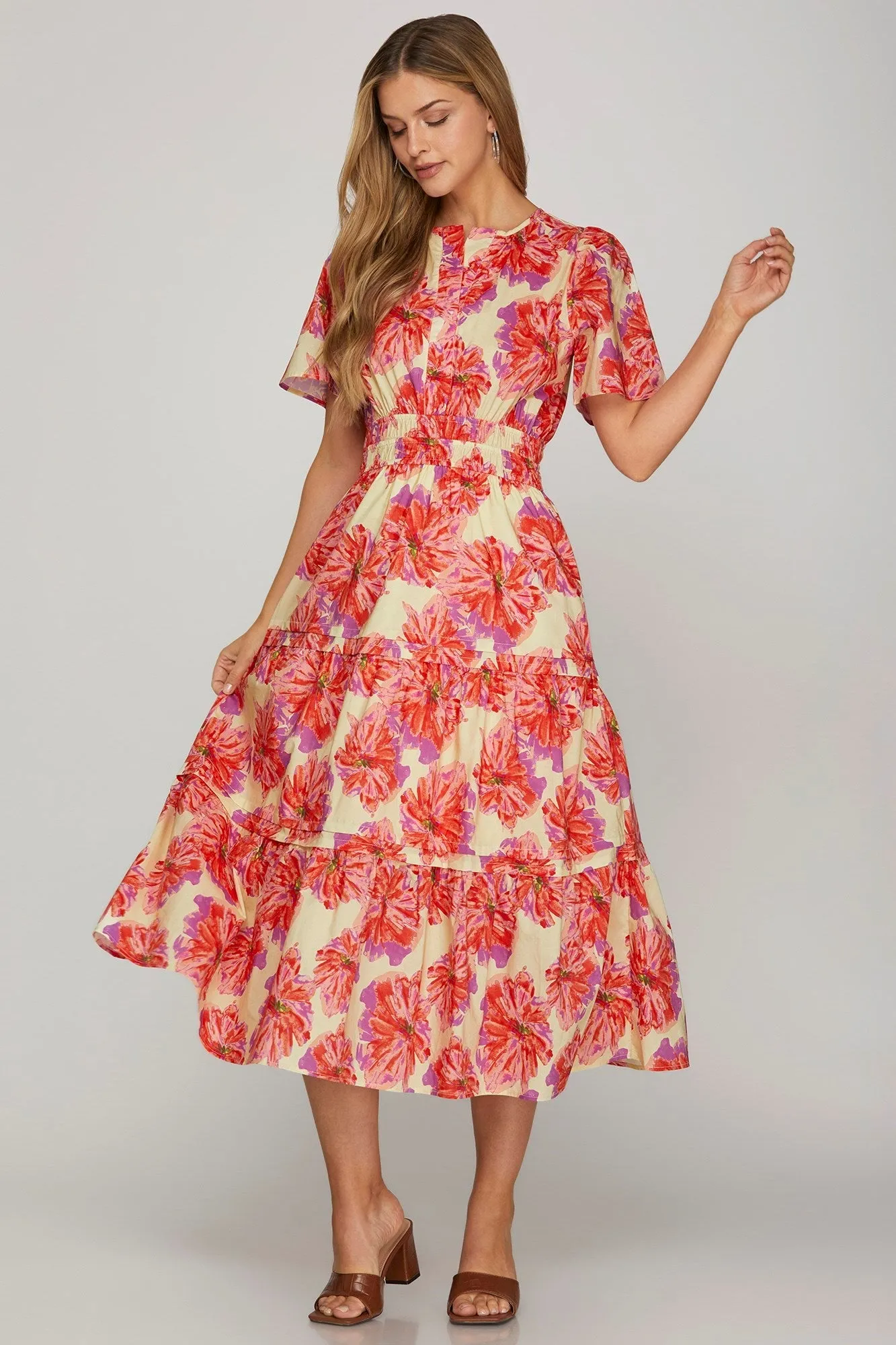 Brianna Elastic Waist Floral Dress, Red sold by North & Main Clothing Company
