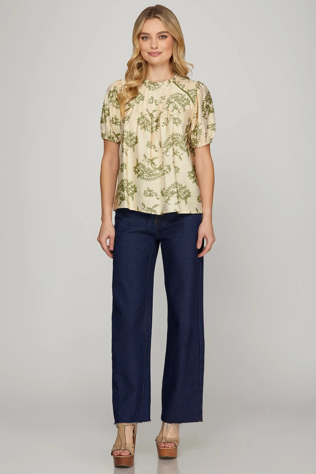 Sloane Paisley Print Ruffle Neck Top, Sage sold by North & Main Clothing Company product image thumbnail 2