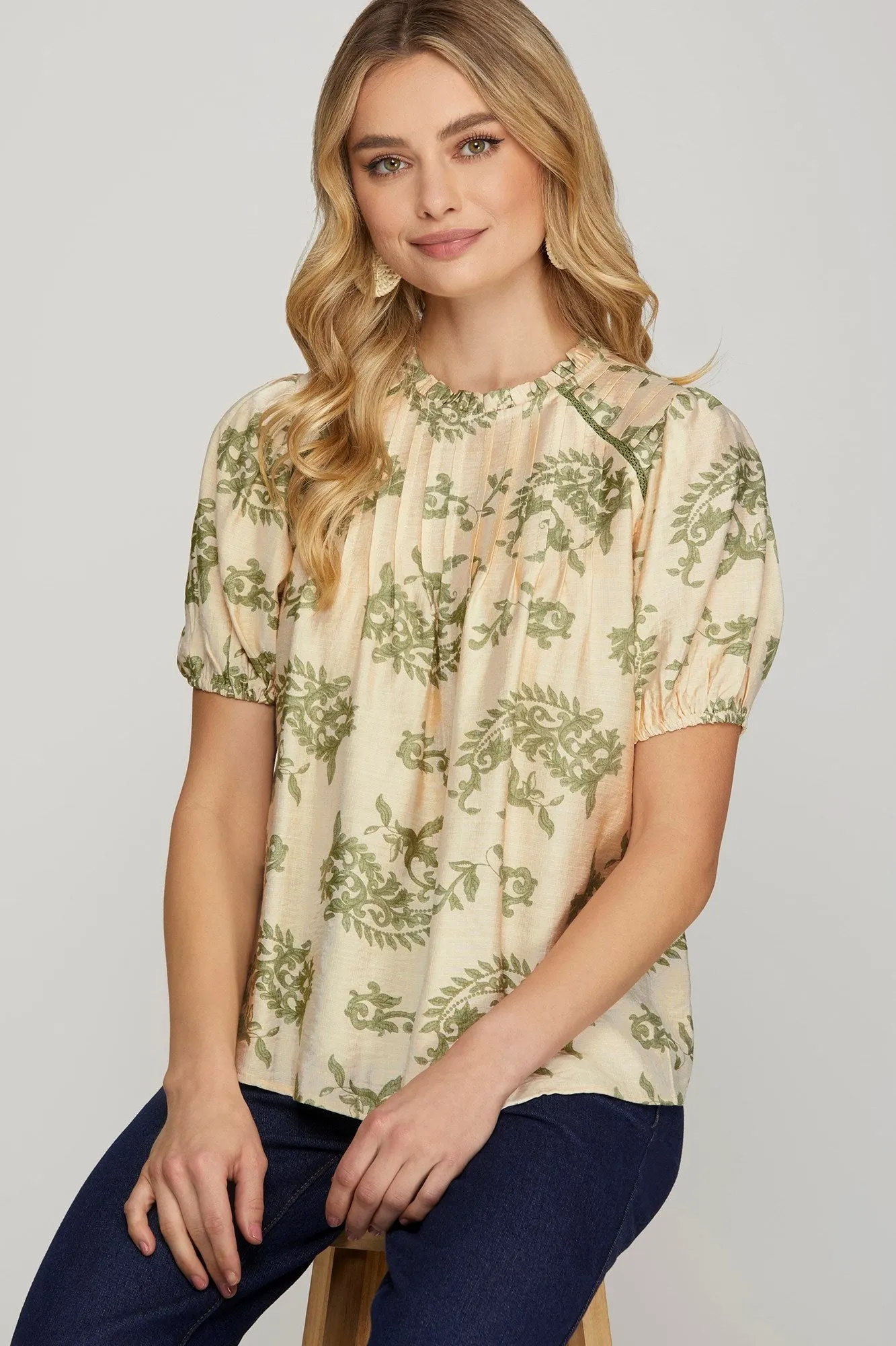 Sloane Paisley Print Ruffle Neck Top, Sage sold by North & Main Clothing Company product image thumbnail 4