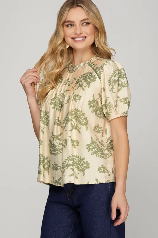 Sloane Paisley Print Ruffle Neck Top, Sage sold by North & Main Clothing Company