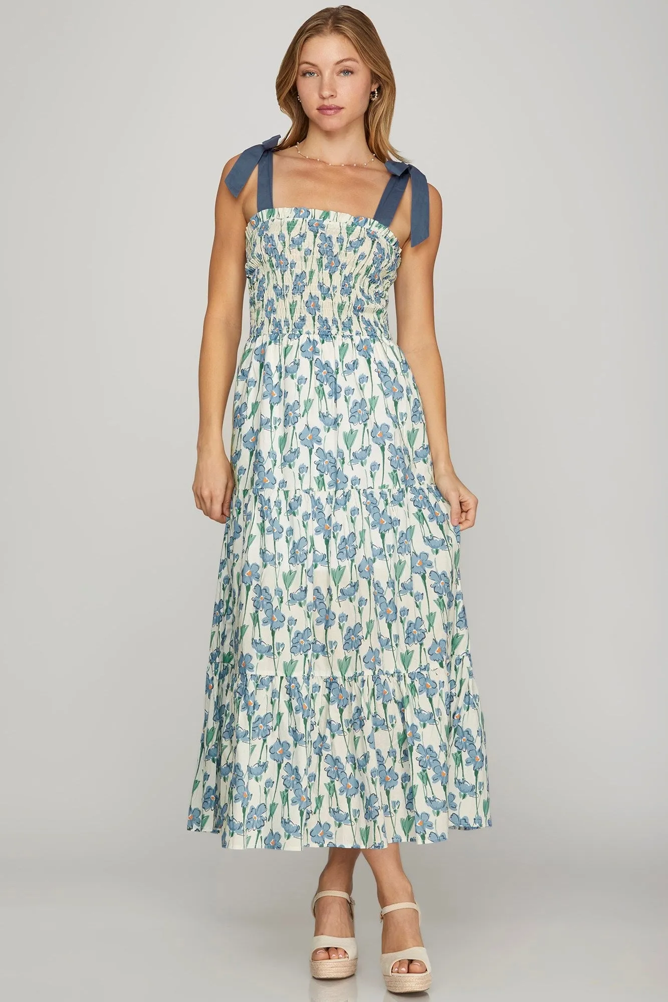 Magnolia Smocked Tie Shoulder Dress, Blue sold by North & Main Clothing Company