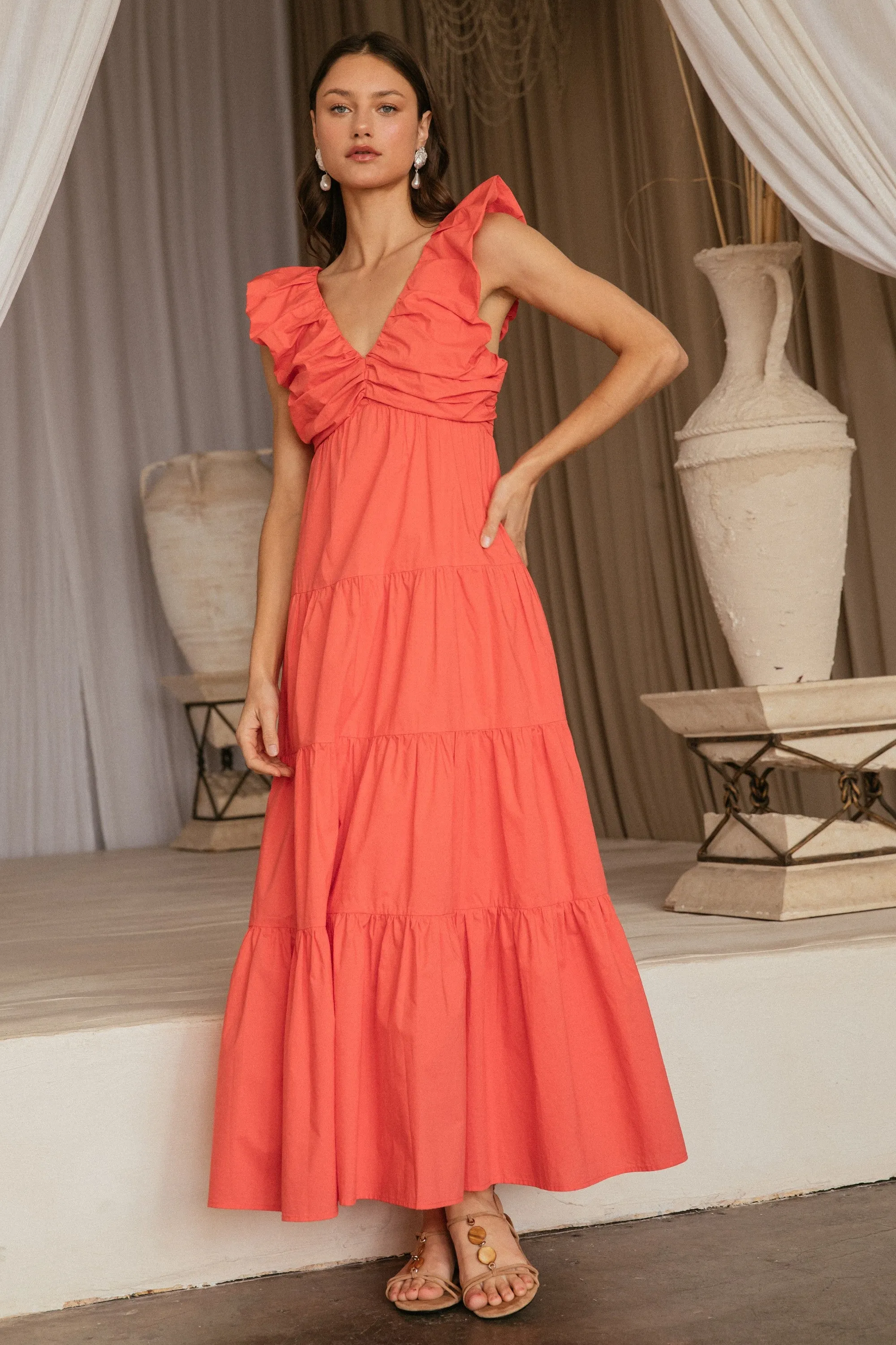 Annie V-Neck Poplin Maxi Dress, Coral sold by North & Main Clothing Company