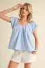 Sara Ruffle Sleeve Poplin Top, Blue sold by North & Main Clothing Company