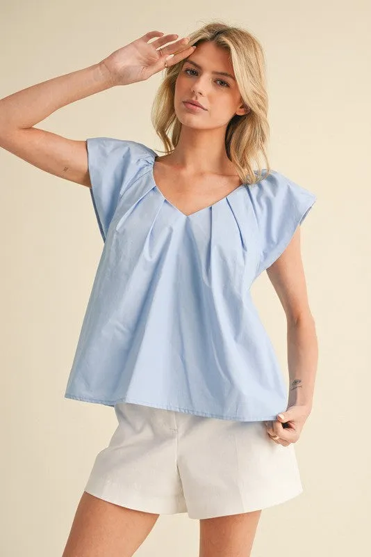 Sara Ruffle Sleeve Poplin Top, Blue sold by North & Main Clothing Company