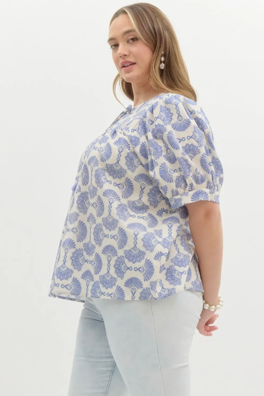 Rowan Printed Tassel Neck Top, Blue | Extended Sizes sold by North & Main Clothing Company product image thumbnail 5