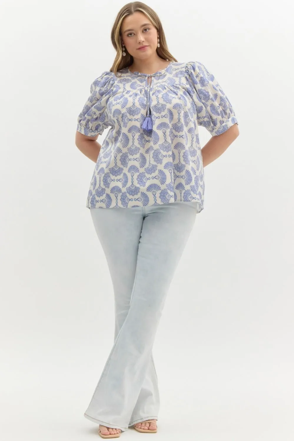 Rowan Printed Tassel Neck Top, Blue | Extended Sizes sold by North & Main Clothing Company product image thumbnail 2