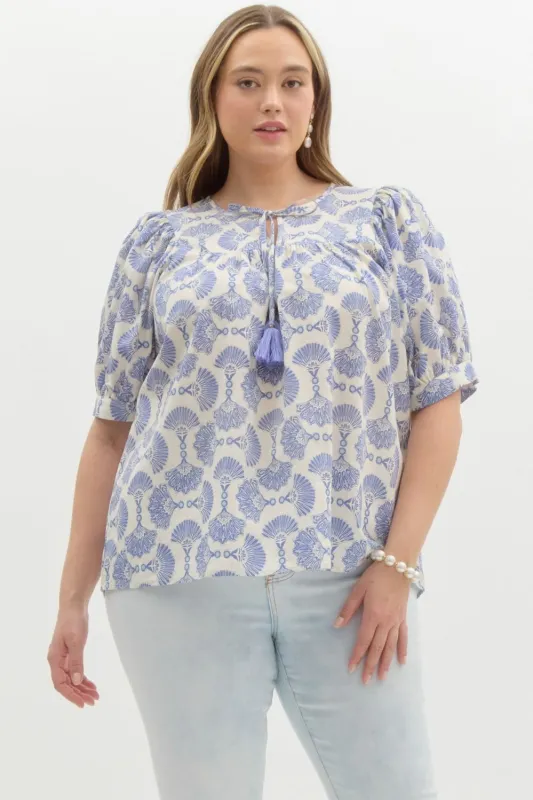 Rowan Printed Tassel Neck Top, Blue | Extended Sizes sold by North & Main Clothing Company