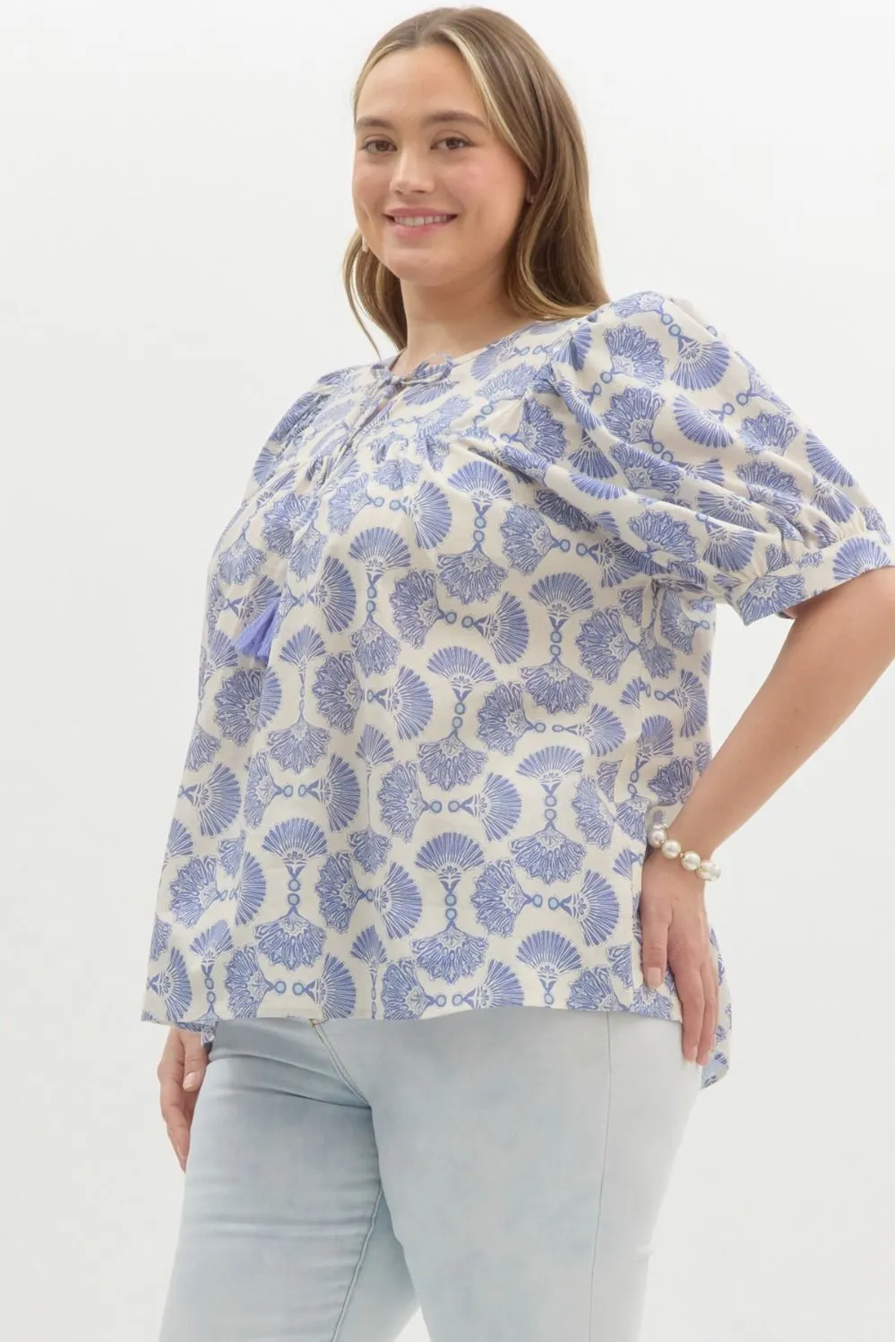 Rowan Printed Tassel Neck Top, Blue | Extended Sizes sold by North & Main Clothing Company product image thumbnail 4