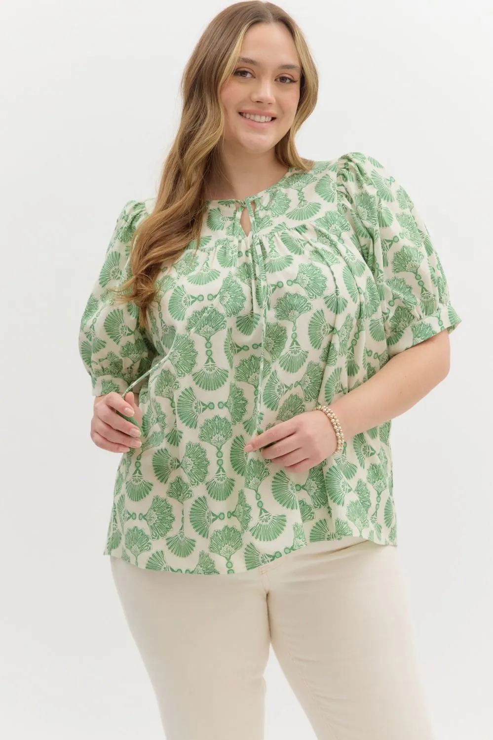 Rowan Printed Tassel Neck Top, Green | Extended Sizes sold by North & Main Clothing Company