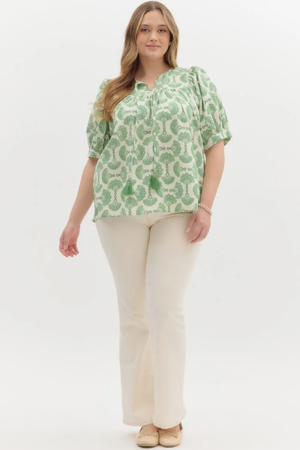 Rowan Printed Tassel Neck Top, Green | Extended Sizes sold by North & Main Clothing Company product image thumbnail 2