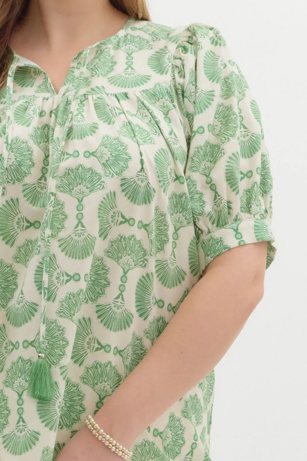 Rowan Printed Tassel Neck Top, Green | Extended Sizes sold by North & Main Clothing Company product image thumbnail 3