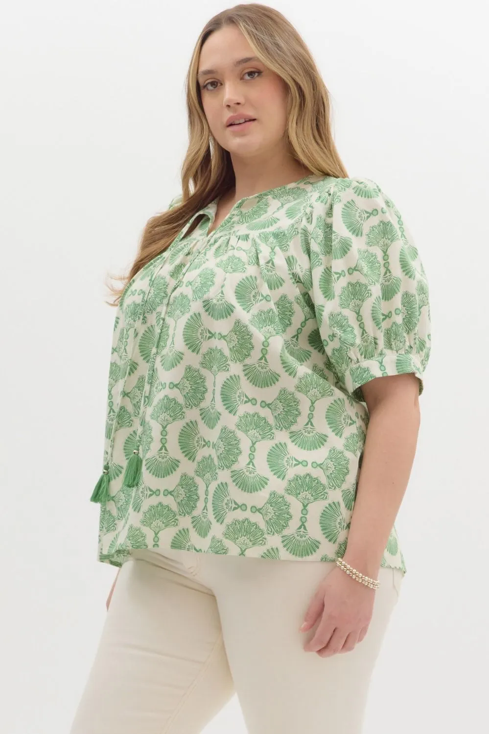 Rowan Printed Tassel Neck Top, Green | Extended Sizes sold by North & Main Clothing Company product image thumbnail 4