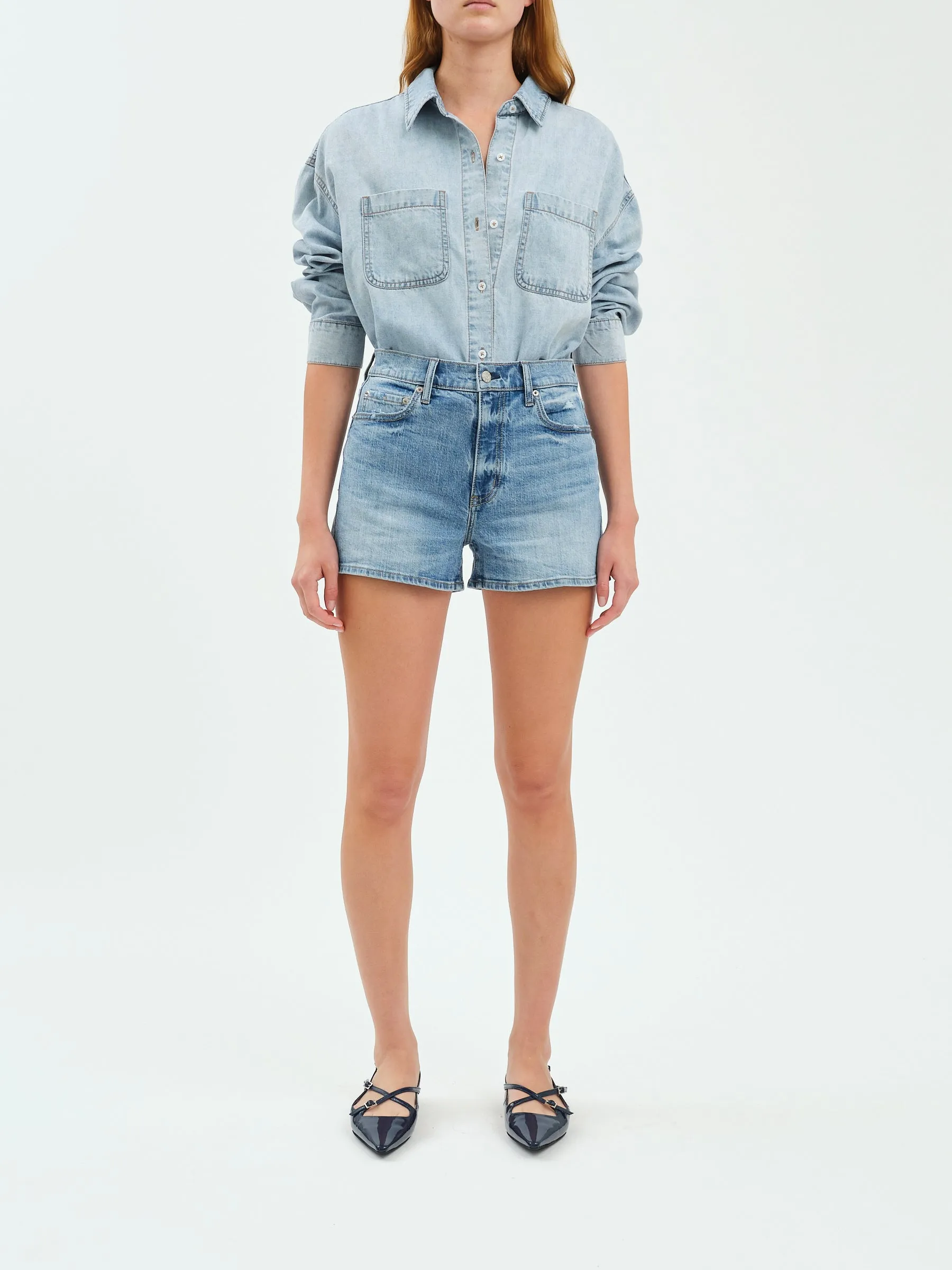 Troublemaker High Rise Denim Shorts, Marina Vintage | Daze sold by North & Main Clothing Company