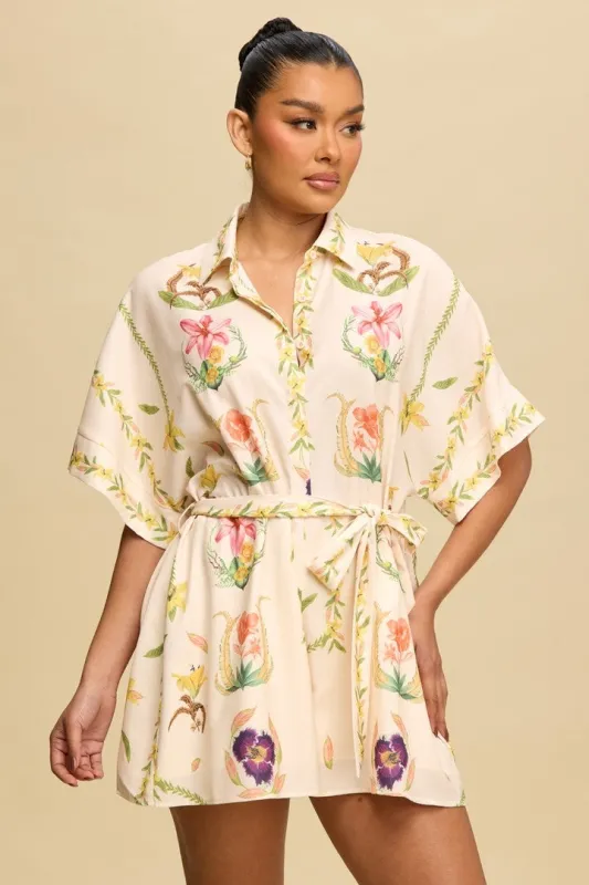 Kayley Floral Shirt Romper, Cream sold by North & Main Clothing Company