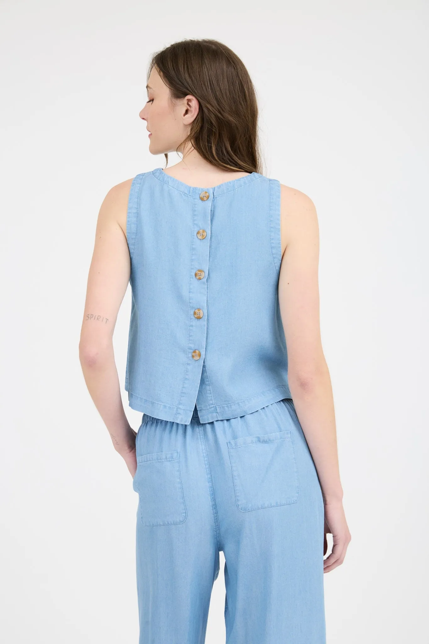Reese Round Neck Back Button Top, Chambray sold by North & Main Clothing Company product image thumbnail 4