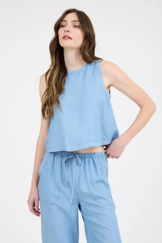 Reese Round Neck Back Button Top, Chambray sold by North & Main Clothing Company