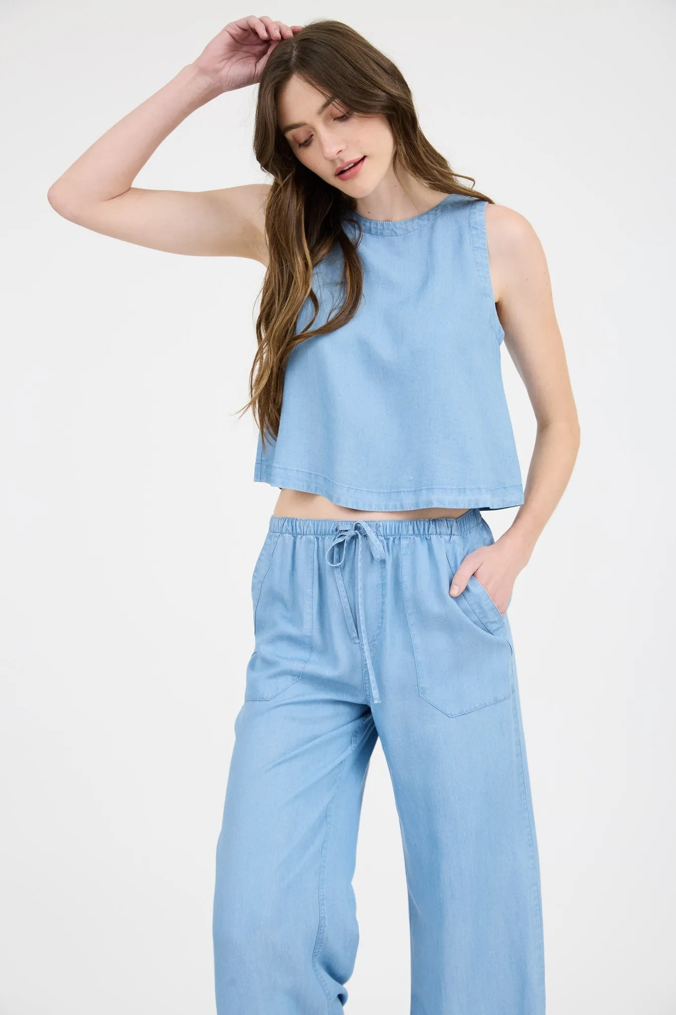 Reese Round Neck Back Button Top, Chambray sold by North & Main Clothing Company product image thumbnail 3