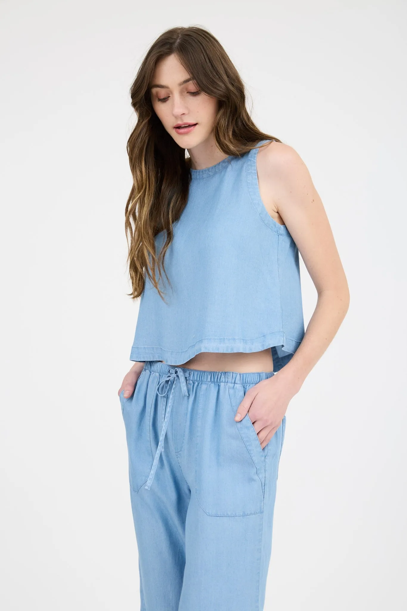 Reese Round Neck Back Button Top, Chambray sold by North & Main Clothing Company product image thumbnail 5