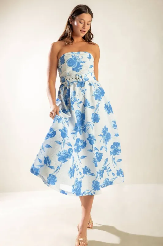 Oaklynn Strapless Floral Dress, Blue sold by North & Main Clothing Company