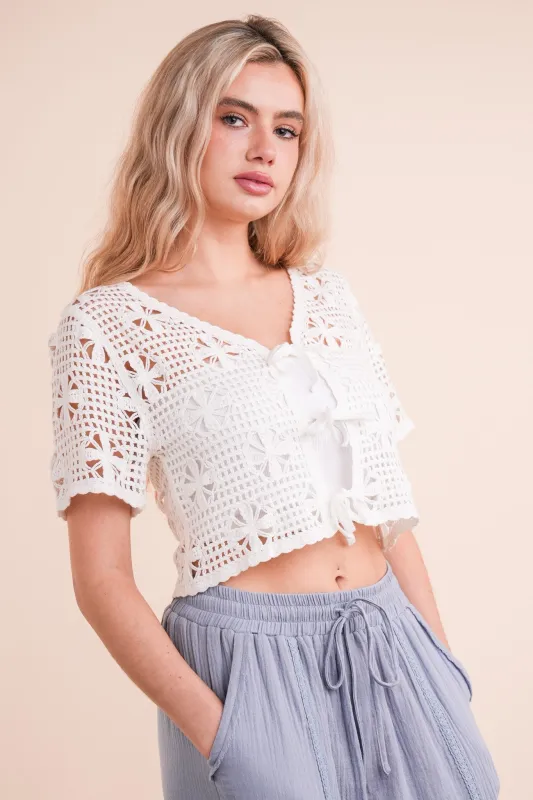 Oakley Front Tie Crochet Top, Ivory sold by North & Main Clothing Company