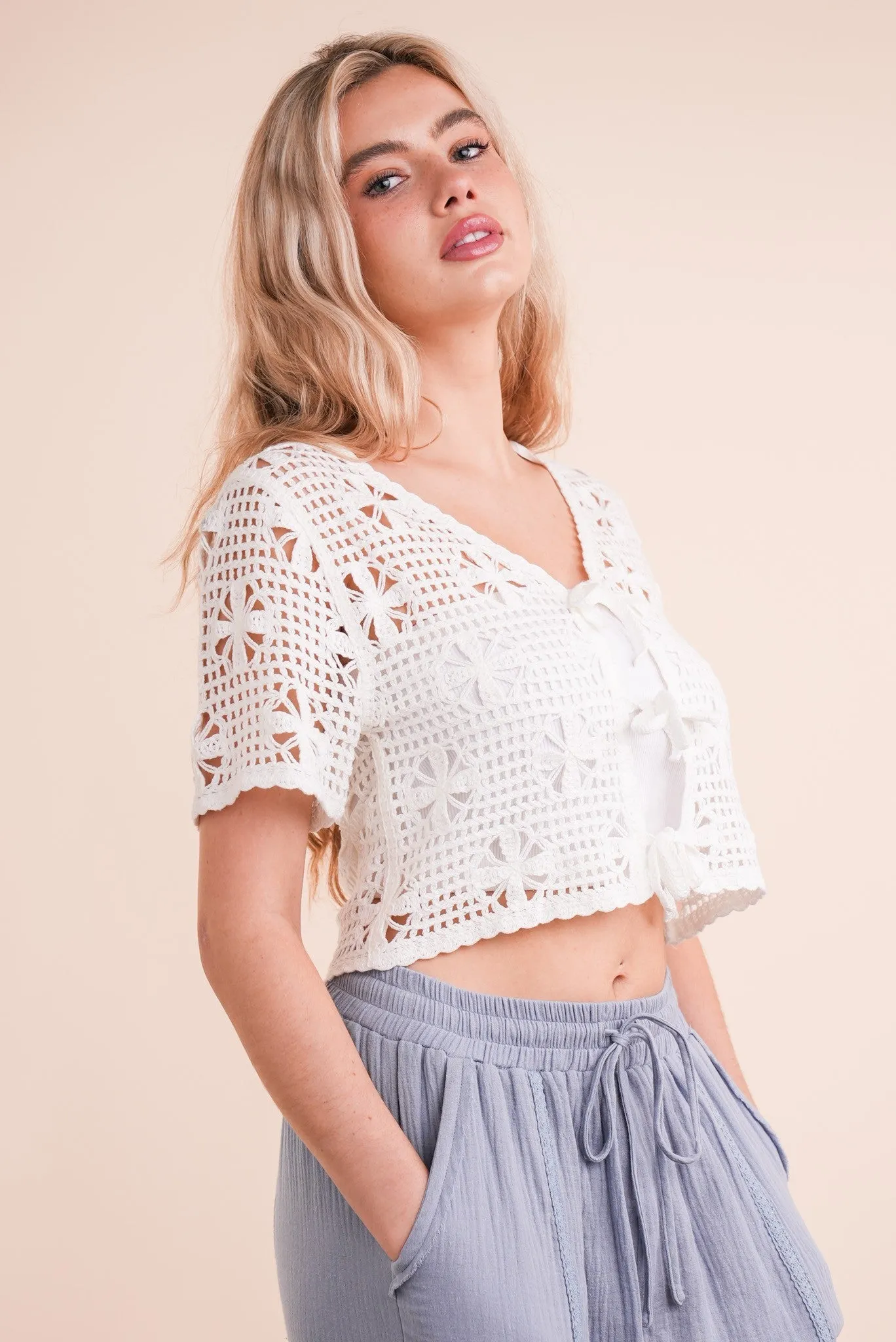 Oakley Front Tie Crochet Top, Ivory sold by North & Main Clothing Company product image thumbnail 2
