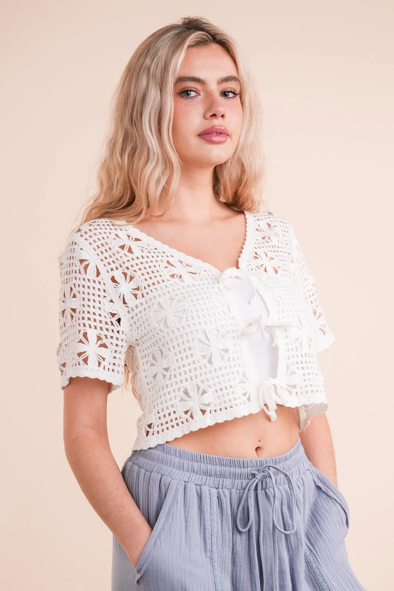 Oakley Front Tie Crochet Top, Ivory sold by North & Main Clothing Company product image thumbnail 3