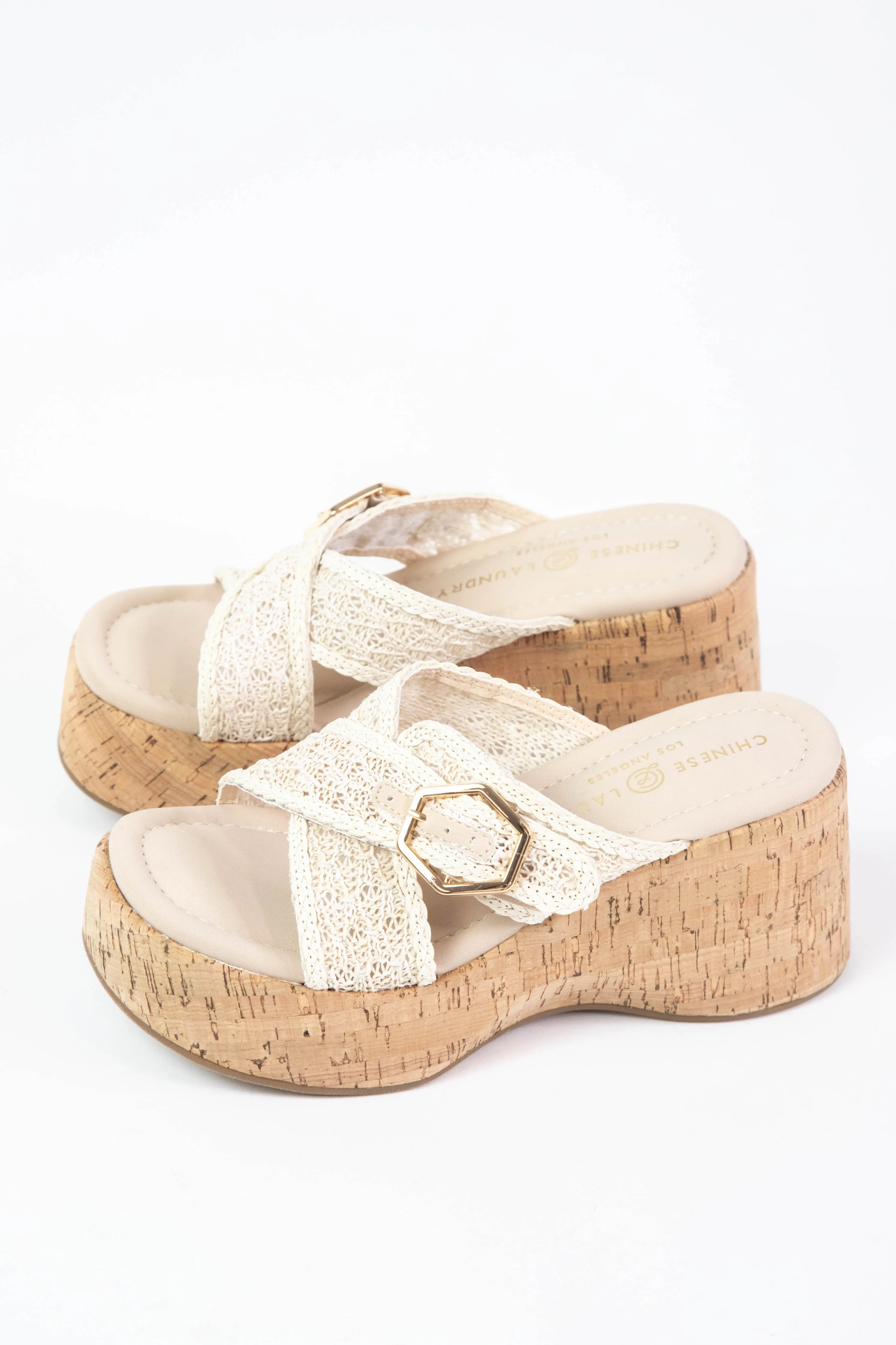 Loulou Cork Wedge Woven Sandal, Cream | Chinese Laundry sold by North & Main Clothing Company