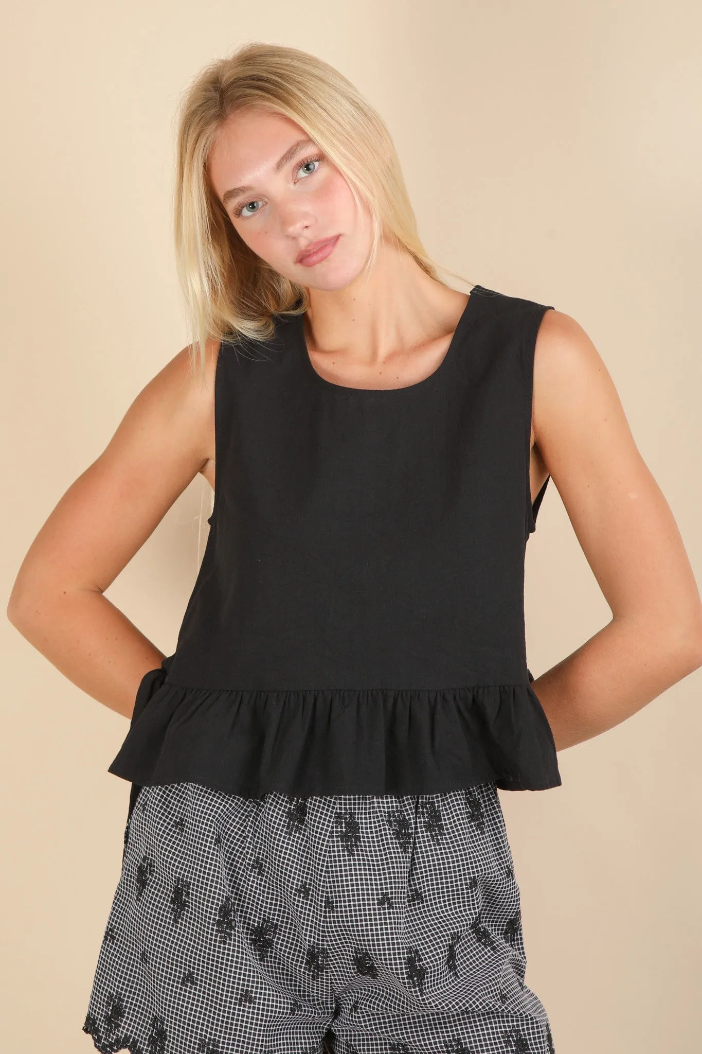 Evangeline Side Tie Sleeveless Top, Black sold by North & Main Clothing Company