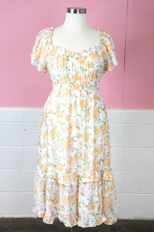 Mackenzie Floral Ruffle Detail Dress, Yellow Multi | Plus Size sold by North & Main Clothing Company