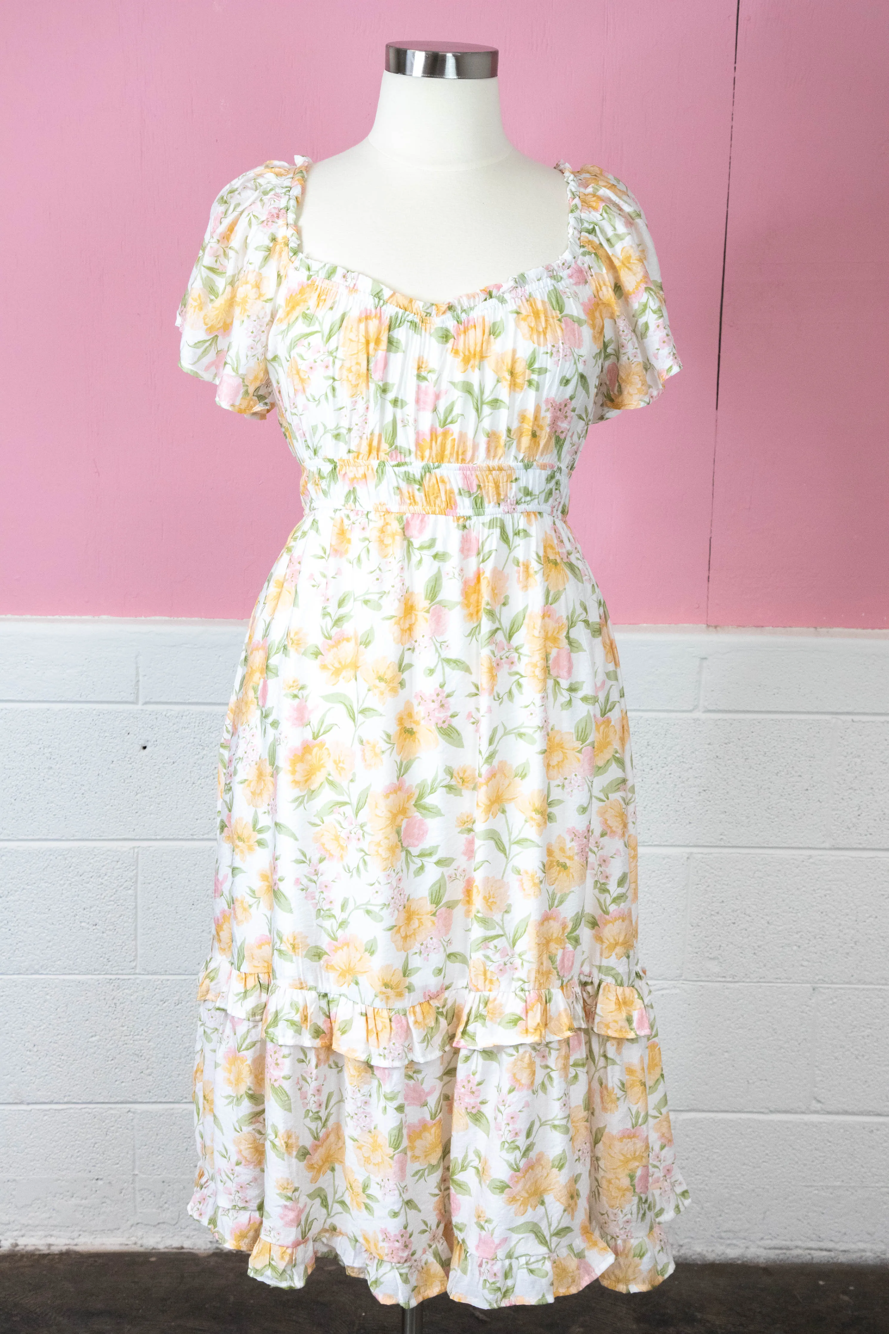 Mackenzie Floral Ruffle Detail Dress, Yellow Multi | Plus Size sold by North & Main Clothing Company