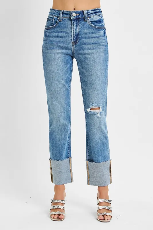 Lia High Rise Straight Wide Cuffed Jeans, Medium made by Risen