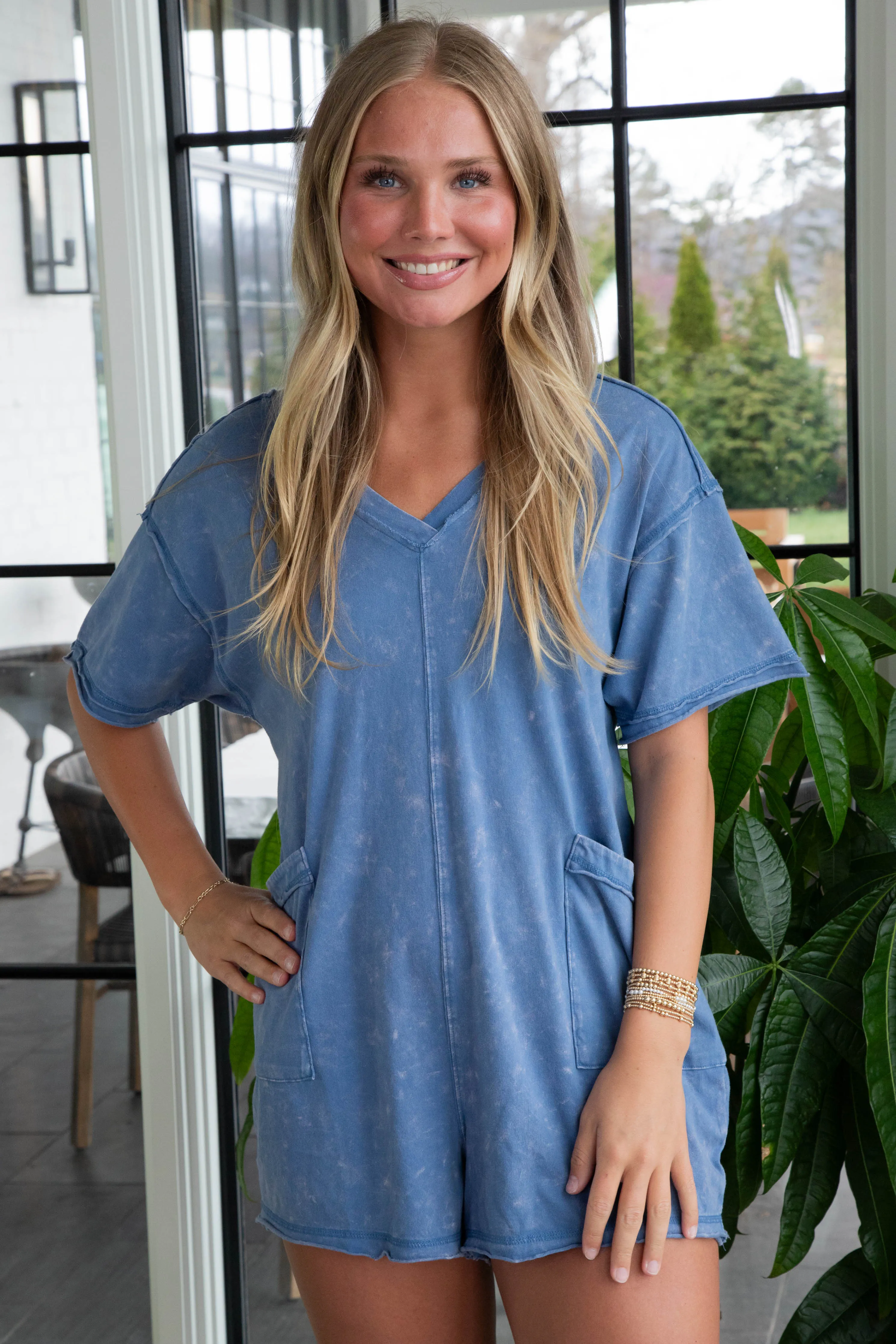 Kinsley Mineral Washed Oversized Romper, Denim sold by North & Main Clothing Company product image thumbnail 5
