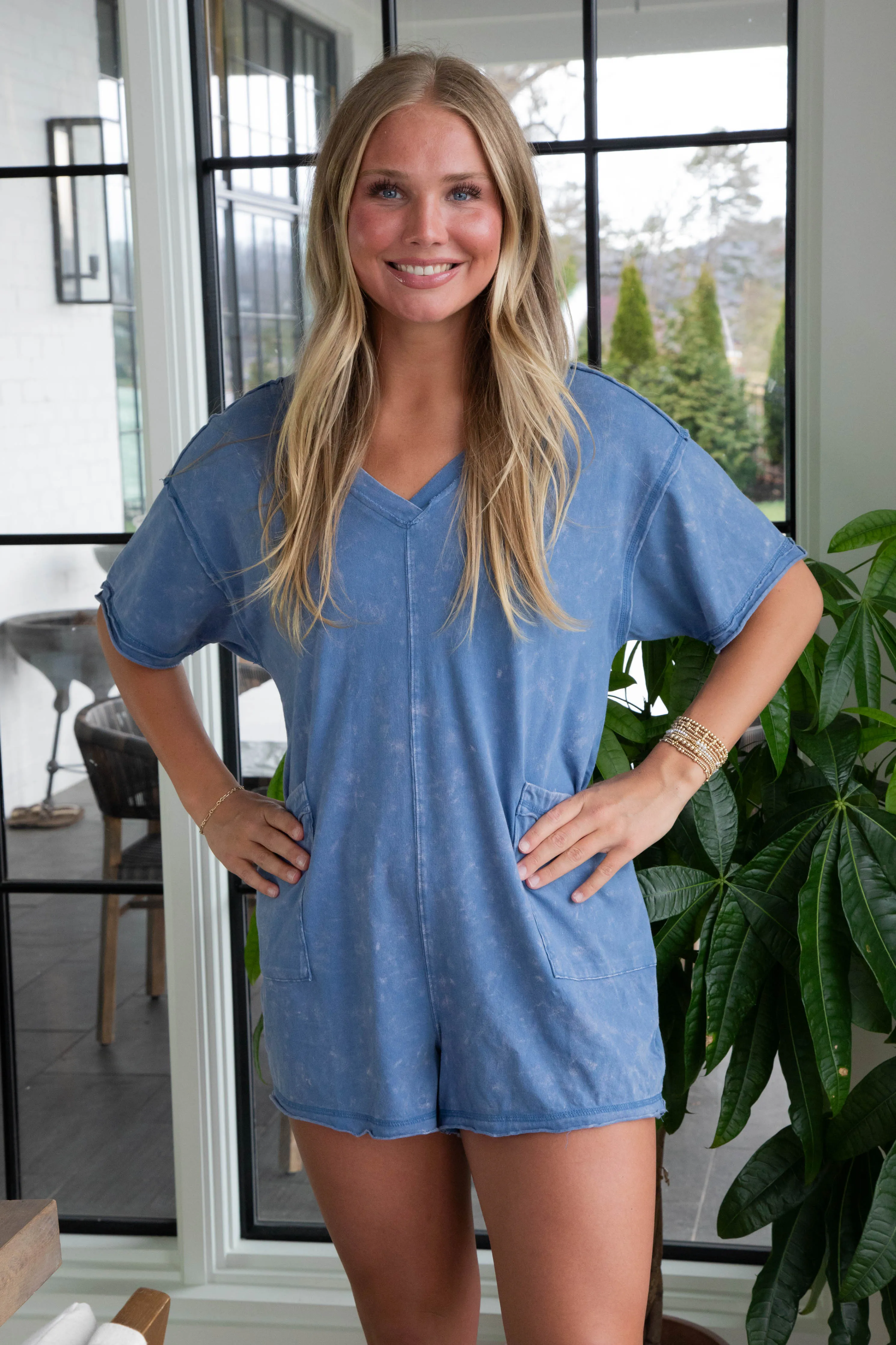 Kinsley Mineral Washed Oversized Romper, Denim sold by North & Main Clothing Company