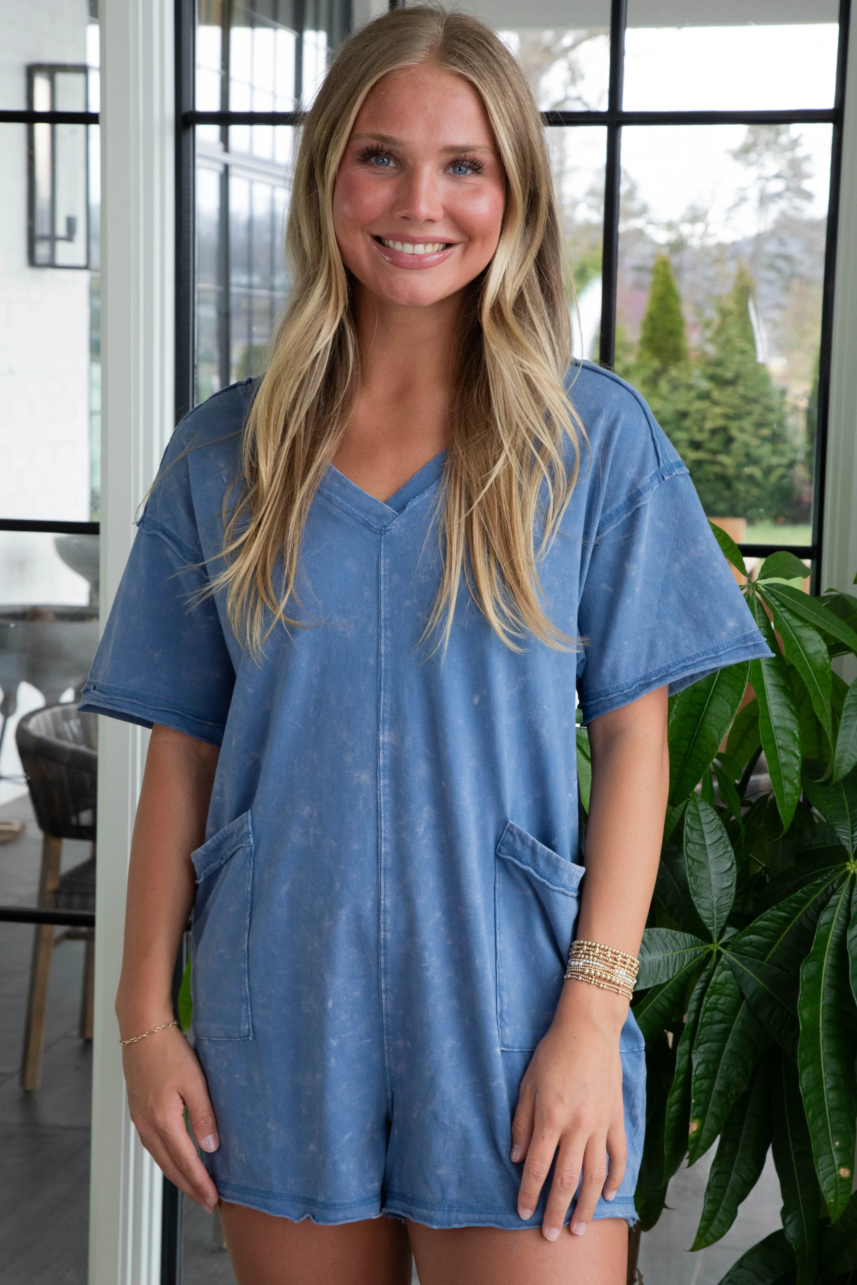 Kinsley Mineral Washed Oversized Romper, Denim sold by North & Main Clothing Company product image thumbnail 3