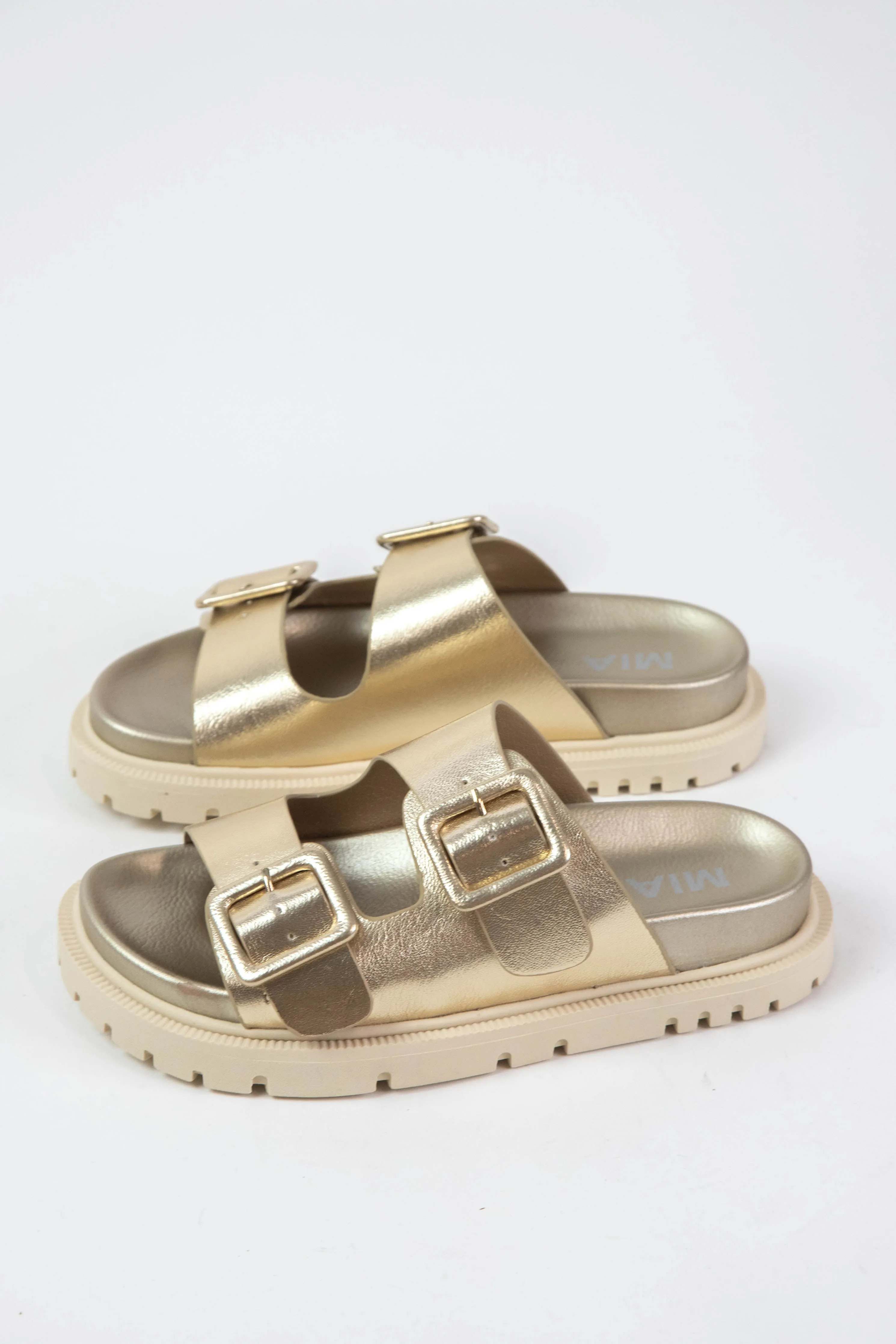 Gen Double Buckle Slide On Sandal, Gold Metallic sold by North & Main Clothing Company