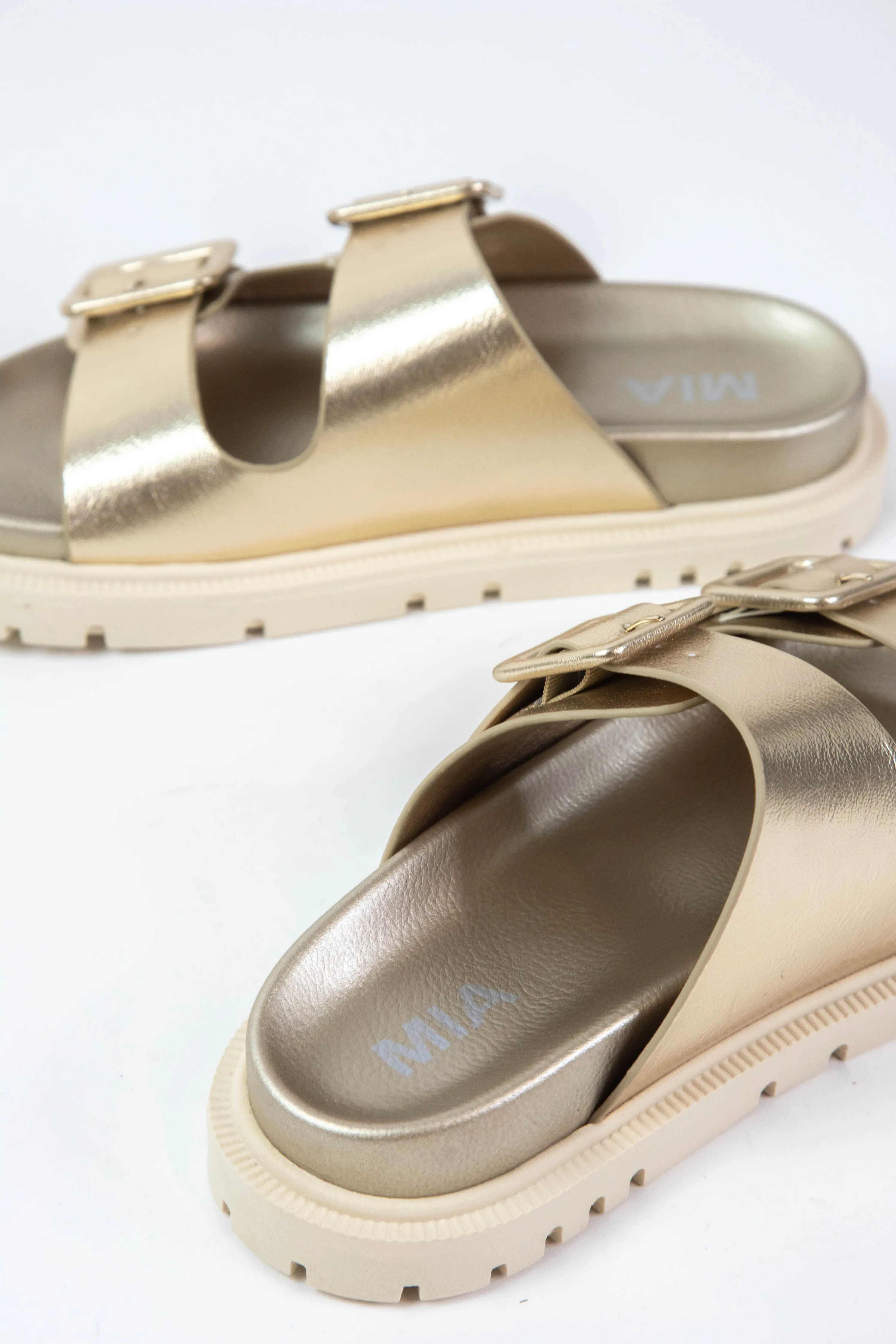 Gen Double Buckle Slide On Sandal, Gold Metallic sold by North & Main Clothing Company product image thumbnail 2