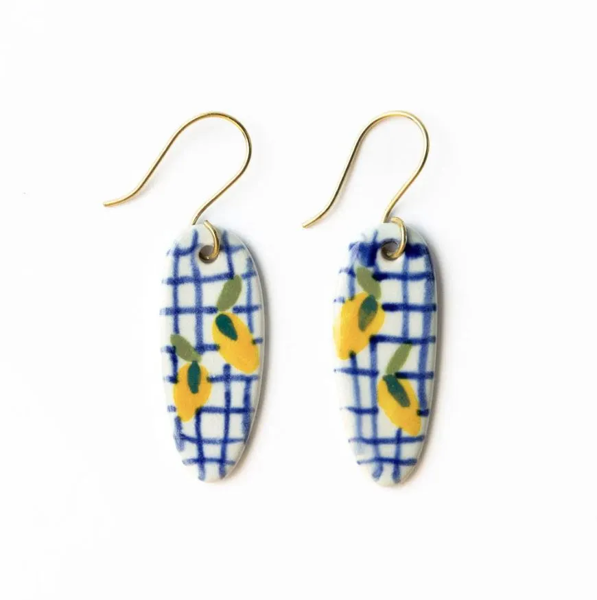 Danielle Oval Ceramic Earring, Lemons & Blue Plaid | Ink + Alloy sold by North & Main Clothing Company