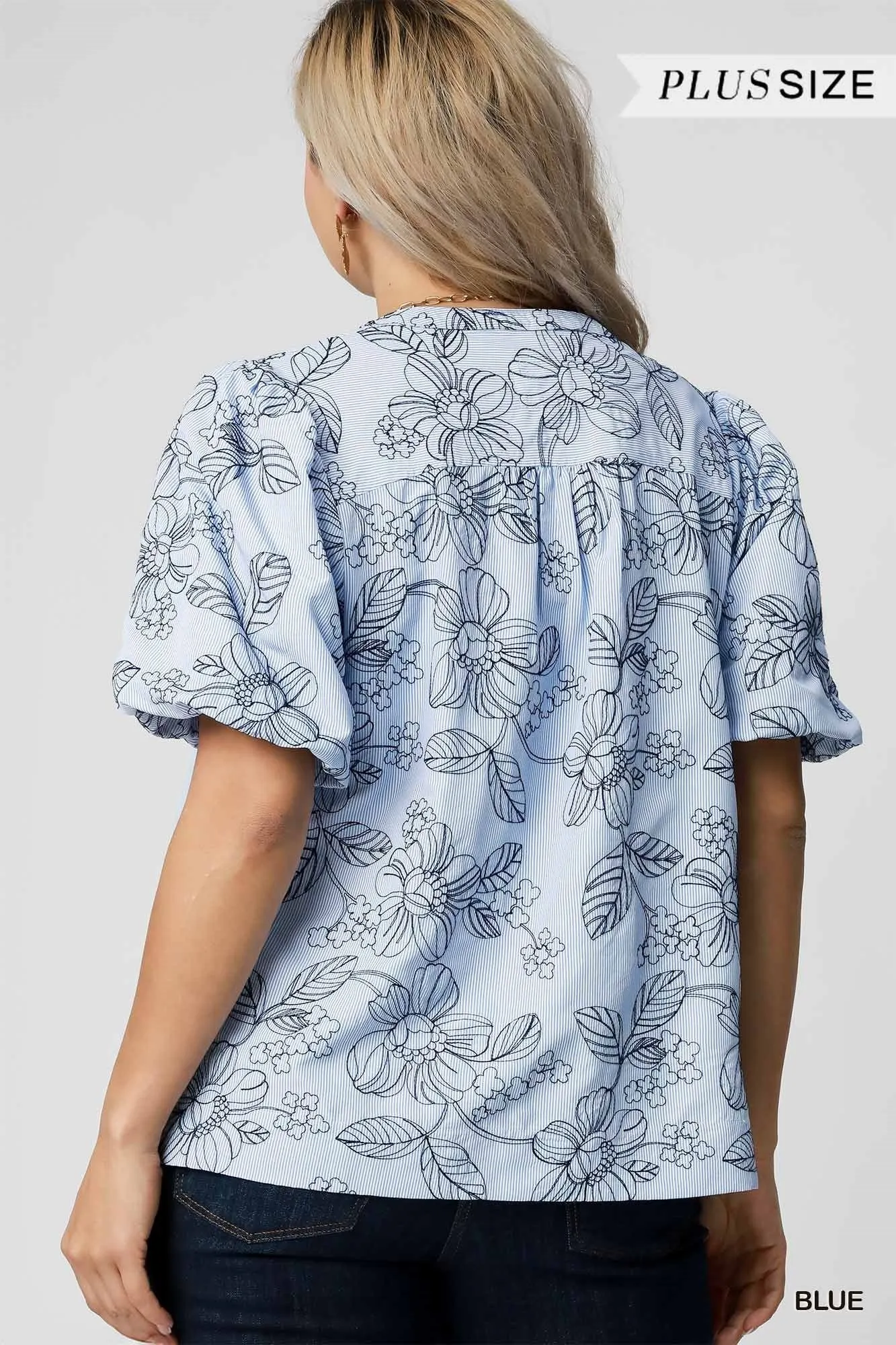Mariana Embroidered Floral Pinstriped Blouse, Blue | Plus Size sold by North & Main Clothing Company product image thumbnail 5