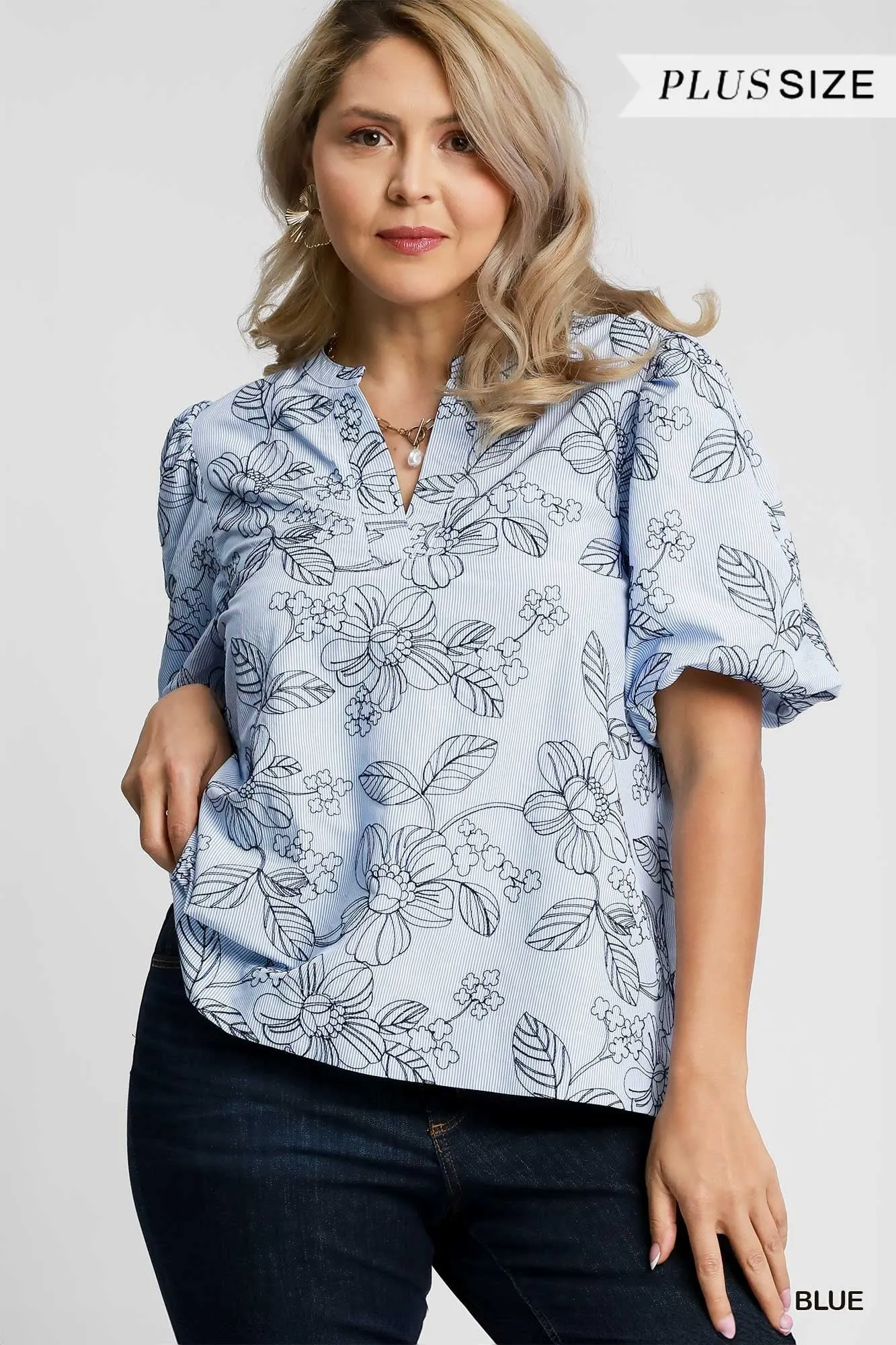 Mariana Embroidered Floral Pinstriped Blouse, Blue | Plus Size sold by North & Main Clothing Company