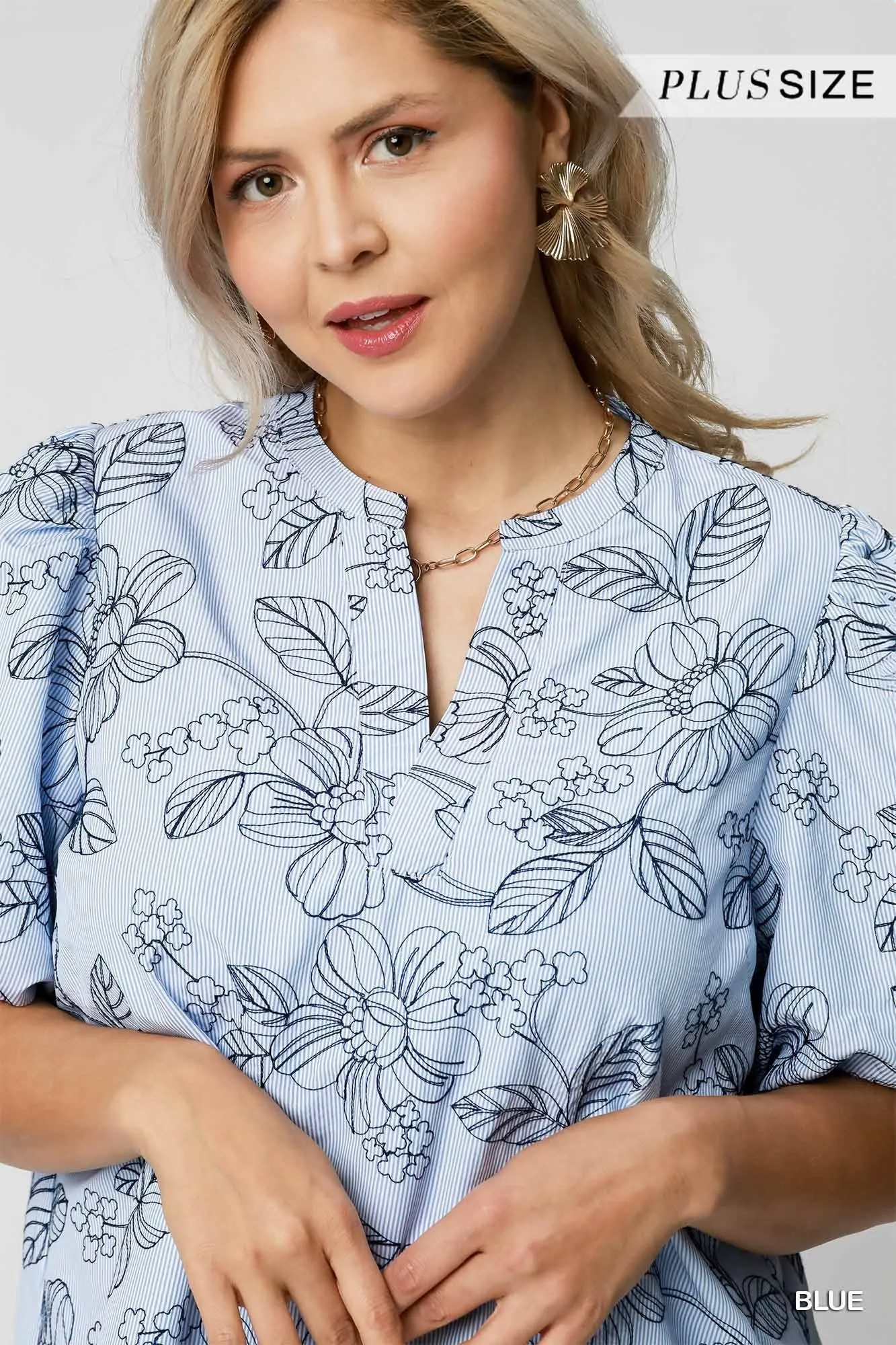 Mariana Embroidered Floral Pinstriped Blouse, Blue | Plus Size sold by North & Main Clothing Company product image thumbnail 3