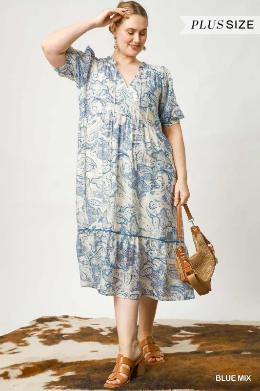 Callie Paisley Print Midi Dress, Blue Mix | Extended Sizes sold by North & Main Clothing Company